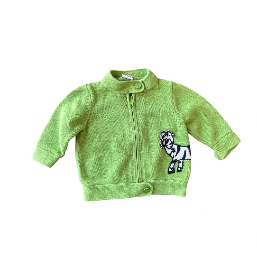 Gymboree‎ Baby Girls Green Zebra Knit Cardigan Sweater and Denim Jeans Set 6-12M
